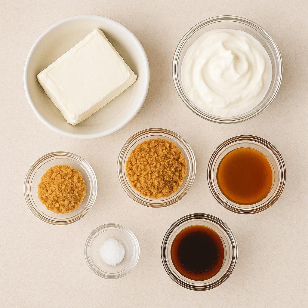 Flat lay of ingredients for layered dessert cups including cream cheese, yogurt, crushed cookies, sweetener, vanilla, and salt in glass bowls.