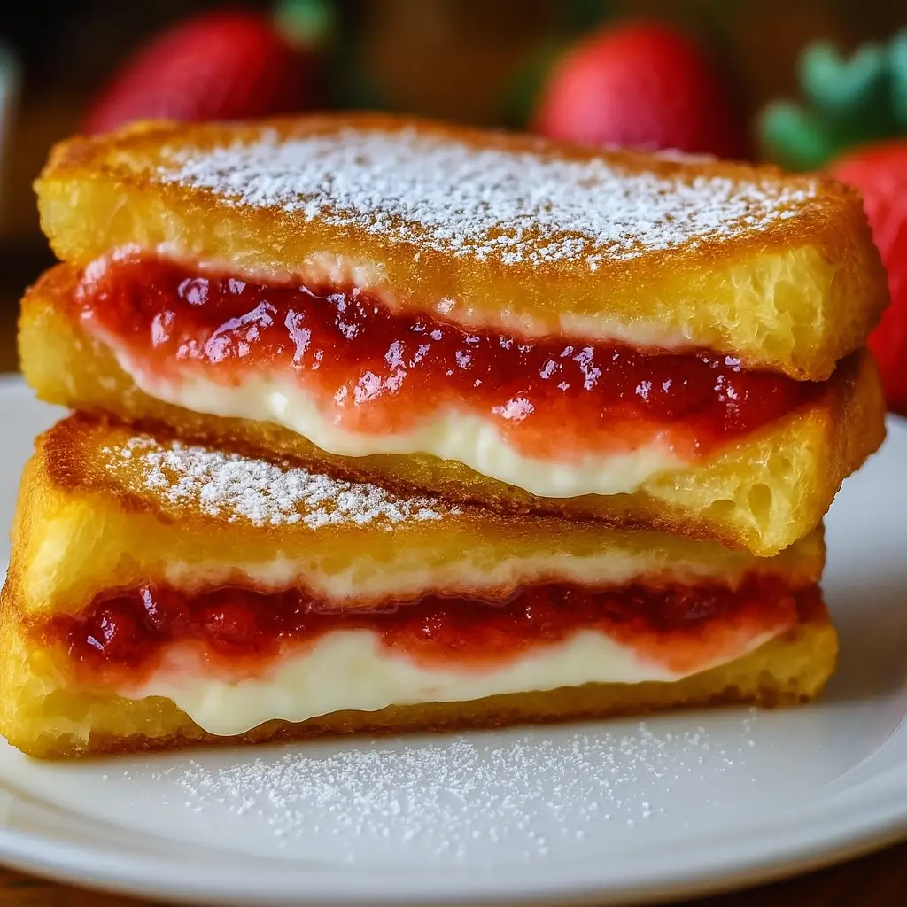 Thick-layered Fried Strawberry Cheesecake Sandwich with golden crust and jam