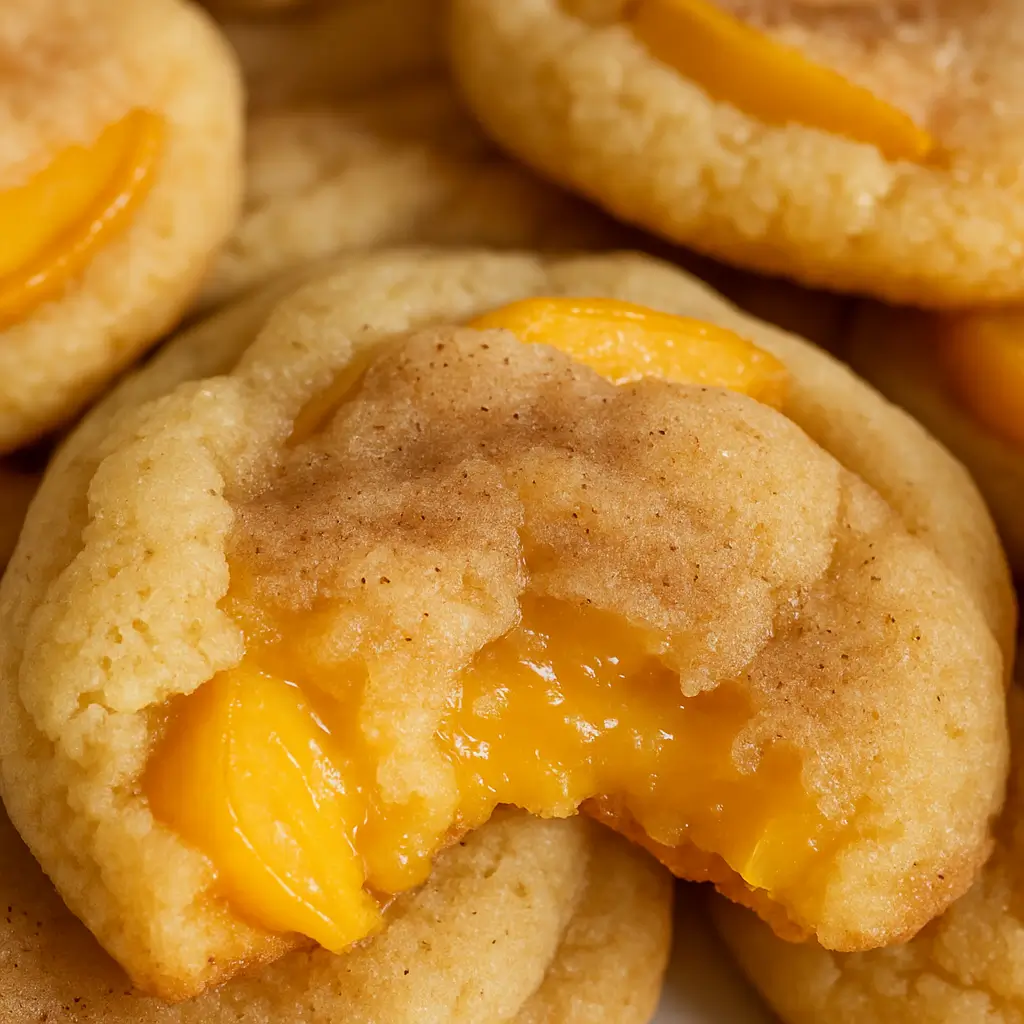 Peach cobbler cookie ingredients arranged on a wooden board with bowls of sugar, flour, peaches, and spices