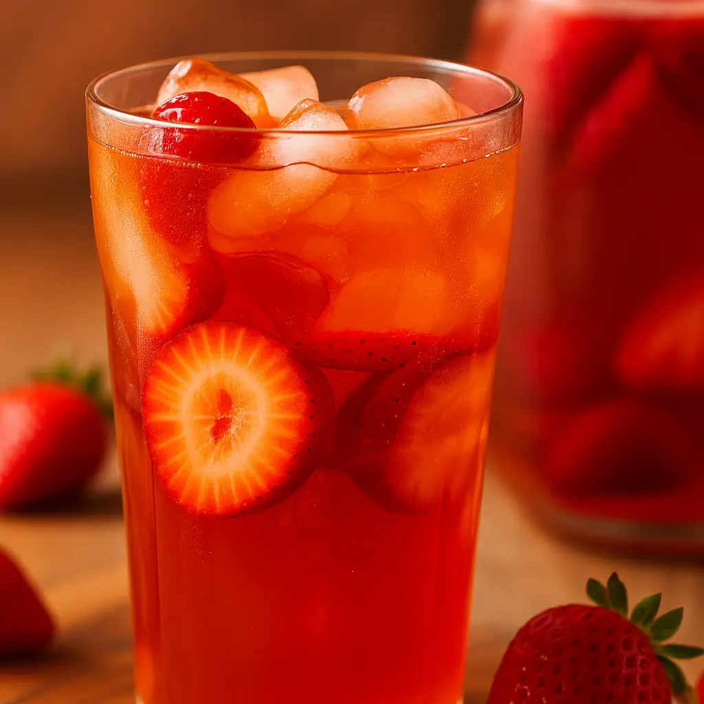 Square image of strawberry iced tea with sliced strawberries and ice